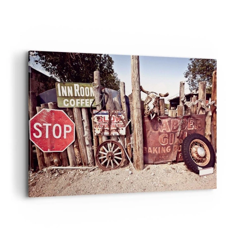 Impression sur toile - Image sur toile - Décorations rustiques avec des panneaux et une roue sur la clôture - 120x80cm - Et le temps s'est arrêté - Décoration murale moderne pour le salon et la chambre ARTTOR