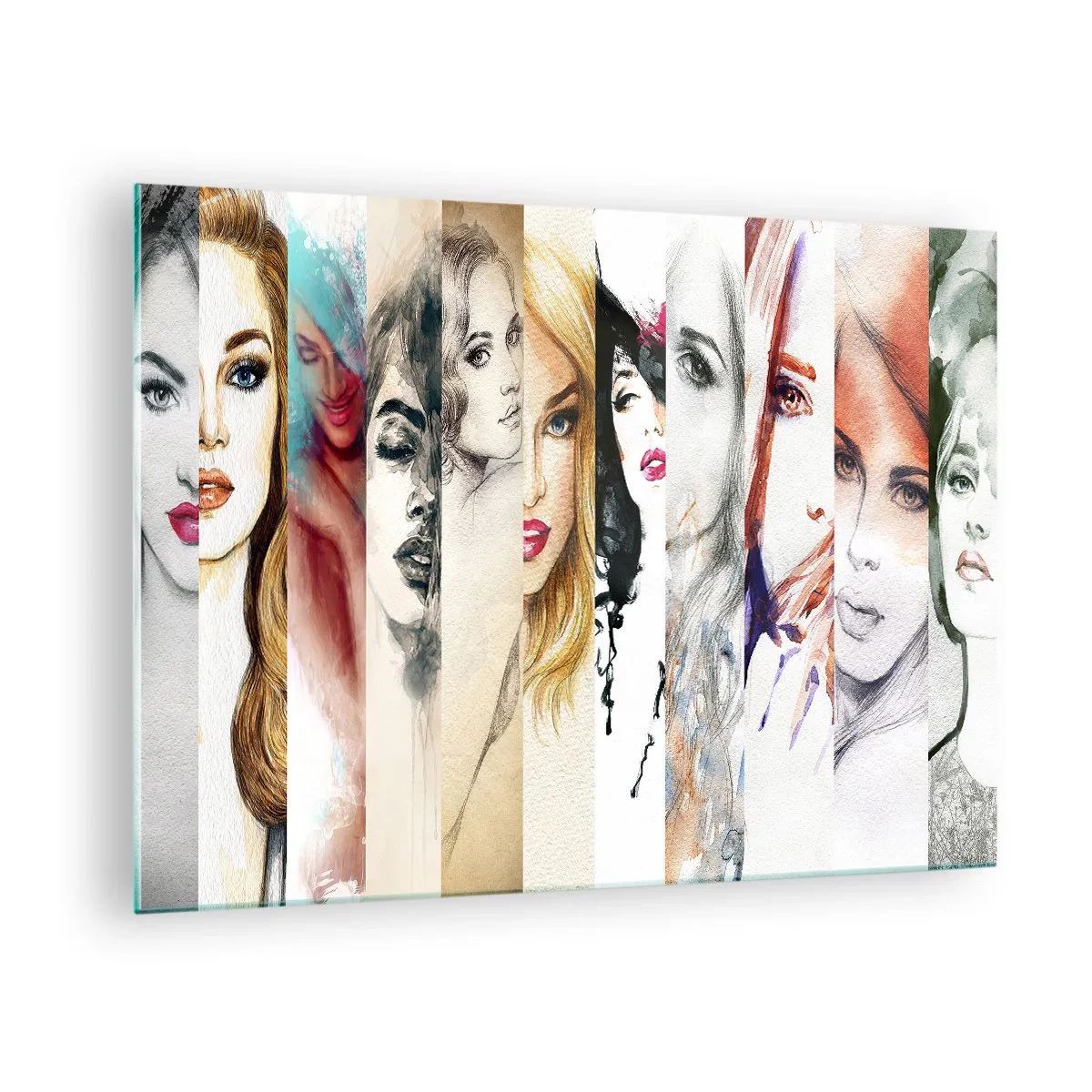 Impression sur verre - Image sur verre - Un collage de portraits de femmes dans divers styles artistiques. - 70x50cm - Et c'est toujours TOI - Décoration murale moderne pour le salon et la chambre ARTTOR
