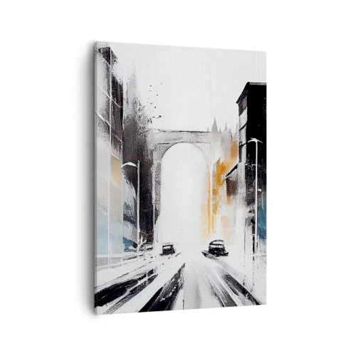 Impression sur toile - Image sur toile - Panorama abstrait de la ville avec un pont en arc - 50x70cm - Étude de ville : architecture et mouvement - Décoration murale moderne pour le salon et la chambre ARTTOR