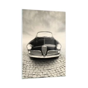 Impression sur verre - Image sur verre - Voiture classique sur une route pavée en noir et blanc - 50x70cm - Et alors! Tu ne m'aime pas? - Décoration murale moderne pour le salon et la chambre ARTTOR