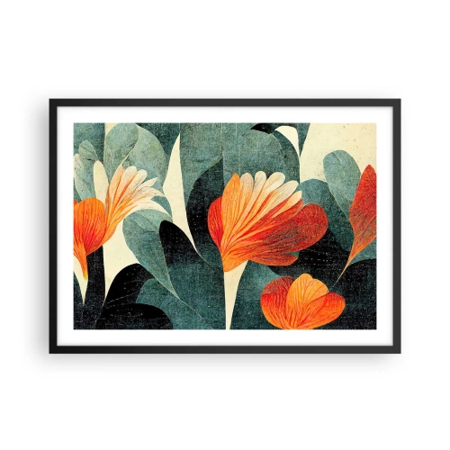 Affiche dans un cadre noir - Poster - Fleurs aux tons intenses d'orange et de vert - 70x50cm - La chaleur des tropiques et la fraîcheur de la verdure - Décoration murale moderne pour le salon et la chambre ARTTOR