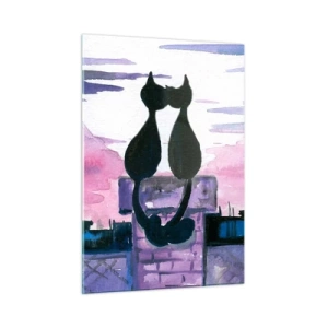 Impression sur verre - Image sur verre - Silhouettes de deux chats contre le soleil couchant - 50x70cm - Rendez-vous sous la lune - Décoration murale moderne pour le salon et la chambre ARTTOR