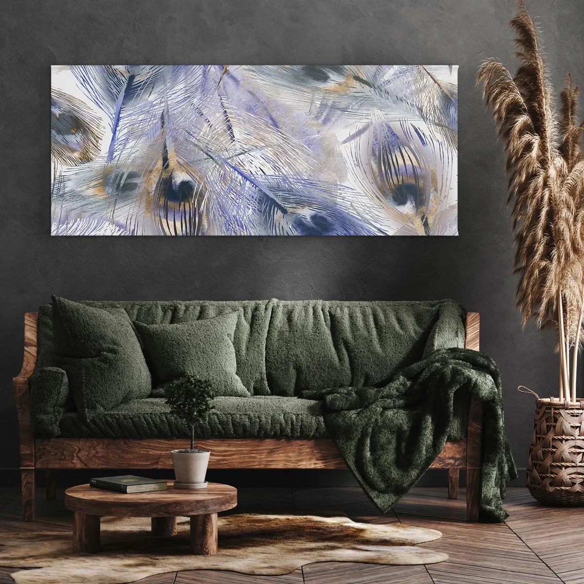 Impression sur toile - Image sur toile - Un motif avec des plumes de paon dans des tons de bleu et d'or - 120x50cm - Composition de paon - Décoration murale moderne pour le salon et la chambre ARTTOR