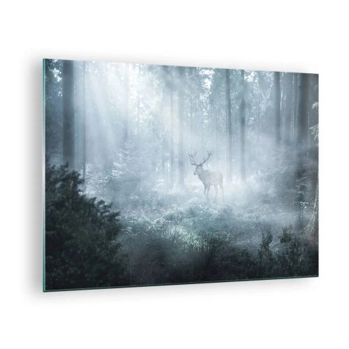 Impression sur verre - Image sur verre - Un cerf dans une forêt brumeuse illuminée par les rayons du soleil du matin - 70x50cm - Visite matinale du domaine - Décoration murale moderne pour le salon et la chambre ARTTOR