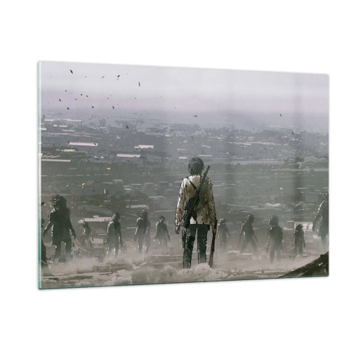 Impression sur verre - Image sur verre - Une silhouette avec un fusil dans le décor sombre d'un groupe qui s'approche - 120x80cm - Dernier samaritain ? - Décoration murale moderne pour le salon et la chambre ARTTOR