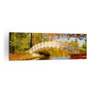 Impression sur toile - Image sur toile - Un pont dans un parc entouré de feuilles d'automne sur une eau calme - 160x50cm - Sur le pont blanc des soupirs - Décoration murale moderne pour le salon et la chambre ARTTOR