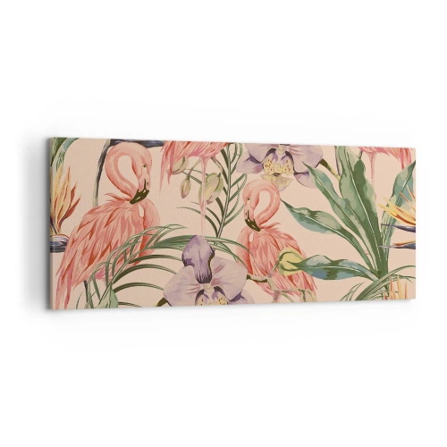 Impression sur toile - Image sur toile - Flamants roses et fleurs tropicales sur fond clair - 120x50cm - Ballet rose dans les fleurs - Décoration murale moderne pour le salon et la chambre ARTTOR
