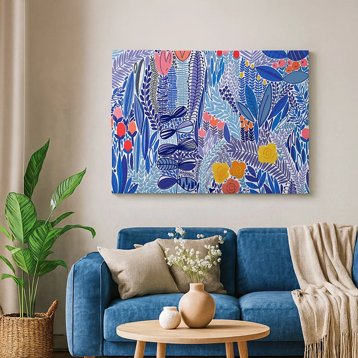 Impression sur toile - Image sur toile - Un motif végétal coloré dans un style graphique moderne - 70x50cm - Jardin hawaïen - Décoration murale moderne pour le salon et la chambre ARTTOR