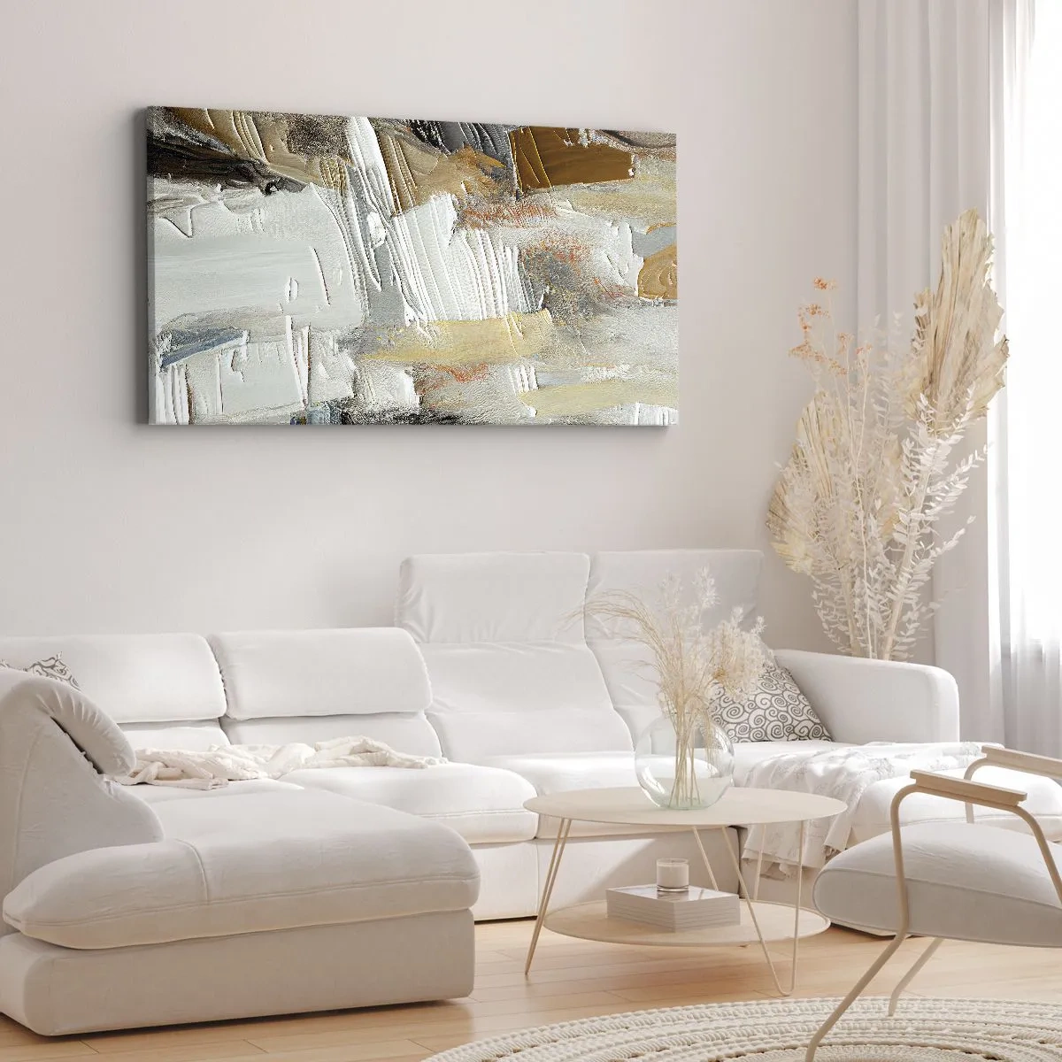 Impression sur toile - Image sur toile - Abstraction texturale dans des tons terre et blanc - 160x50cm - Couches colorées - Décoration murale moderne pour le salon et la chambre ARTTOR