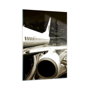 Impression sur verre - Image sur verre - Un avion au dessus de la ville la nuit avec une ambiance industrielle - 50x70cm - Vole dans la nuit - Décoration murale moderne pour le salon et la chambre ARTTOR