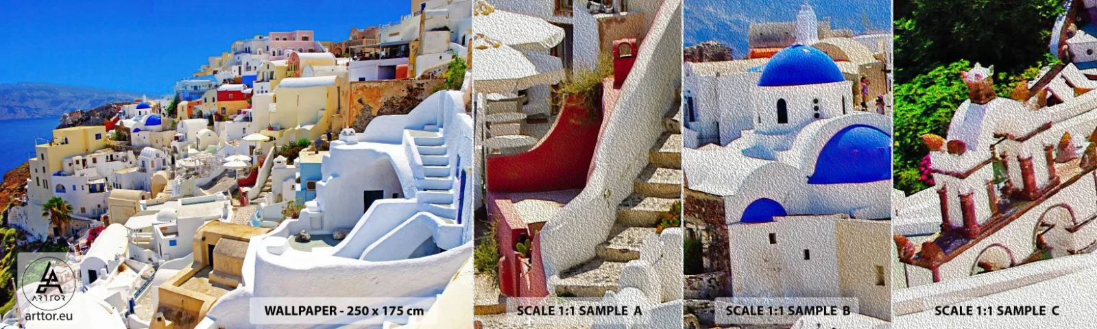 Échantillon de Papier Peint Premium Sand - Le rêve d'un été grec - Architecture, Paysage, Santorin - 100x30 cm