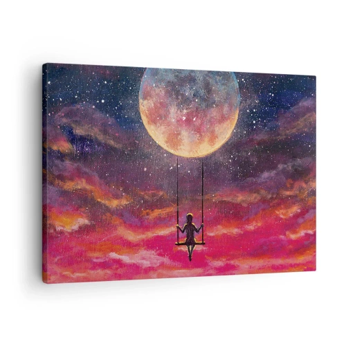 Impression sur toile - Image sur toile - Une silhouette sur une balançoire suspendue contre la lune - 70x50cm - Se balancer dans les nuages - Décoration murale moderne pour le salon et la chambre ARTTOR