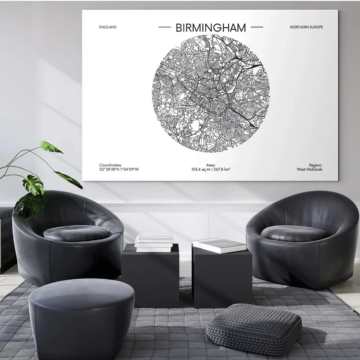 Impression sur verre - Image sur verre - Carte de Birmingham en noir et blanc dans un style graphique moderne - 100x70cm - Anatomie de Birmingham - Décoration murale moderne pour le salon et la chambre ARTTOR