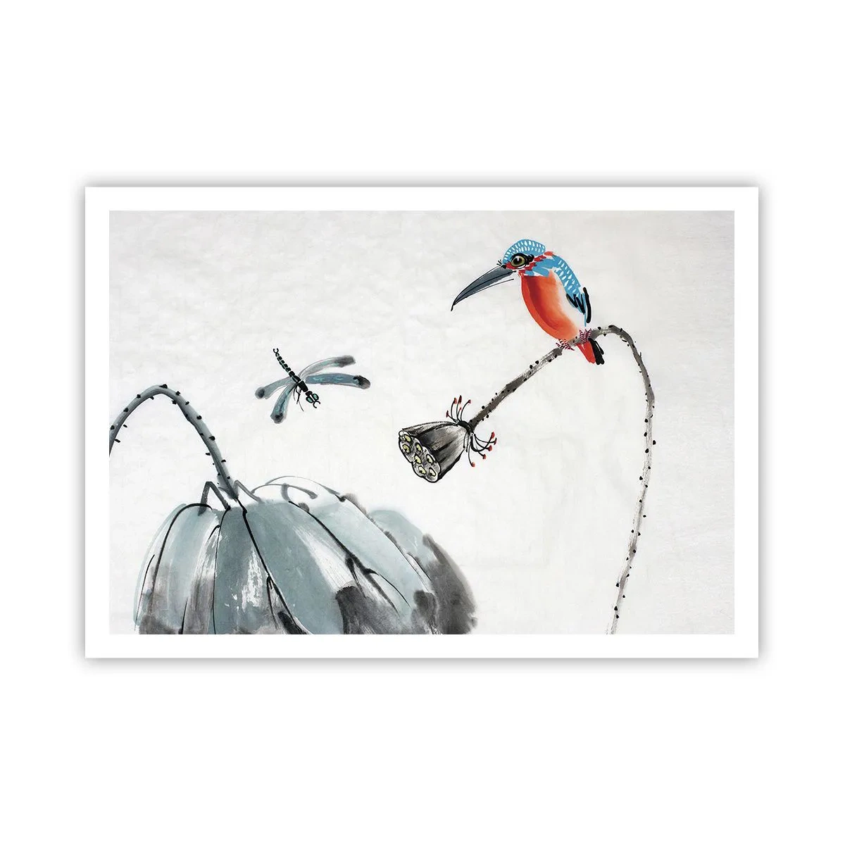 Affiche - Poster - Un oiseau coloré sur fond de végétation et une libellule - 100x70cm - La vie du champ - Décoration murale moderne pour le salon et la chambre ARTTOR