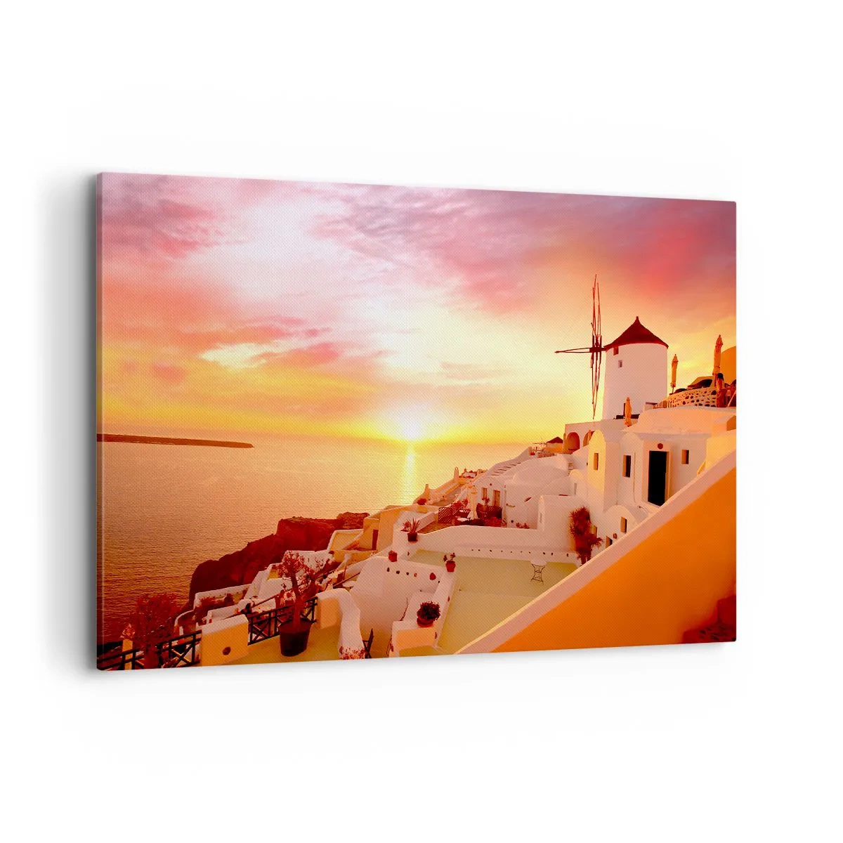 Impression sur toile - Image sur toile - Santorin au coucher du soleil avec un moulin à vent - 120x80cm - Fondre en blanc et or - Décoration murale moderne pour le salon et la chambre ARTTOR