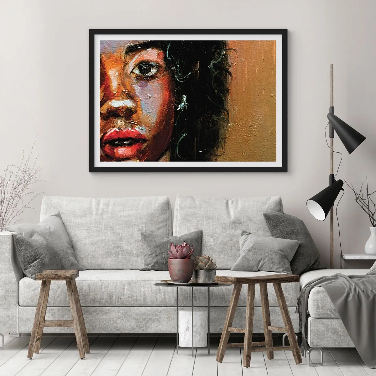 Affiche dans un cadre noir - Poster - Un portrait expressif d'une femme aux couleurs intenses. - 100x70cm - Noir et brillant - Décoration murale moderne pour le salon et la chambre ARTTOR