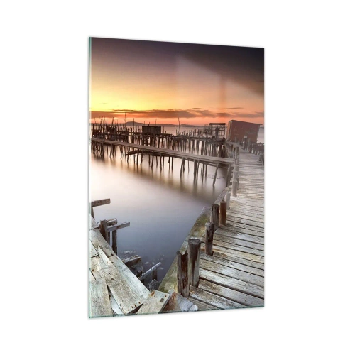 Impression sur verre - Image sur verre - Jetée en bois au coucher du soleil sur un lac calme - 50x70cm - Authentique, pas un attrape touristique - Décoration murale moderne pour le salon et la chambre ARTTOR