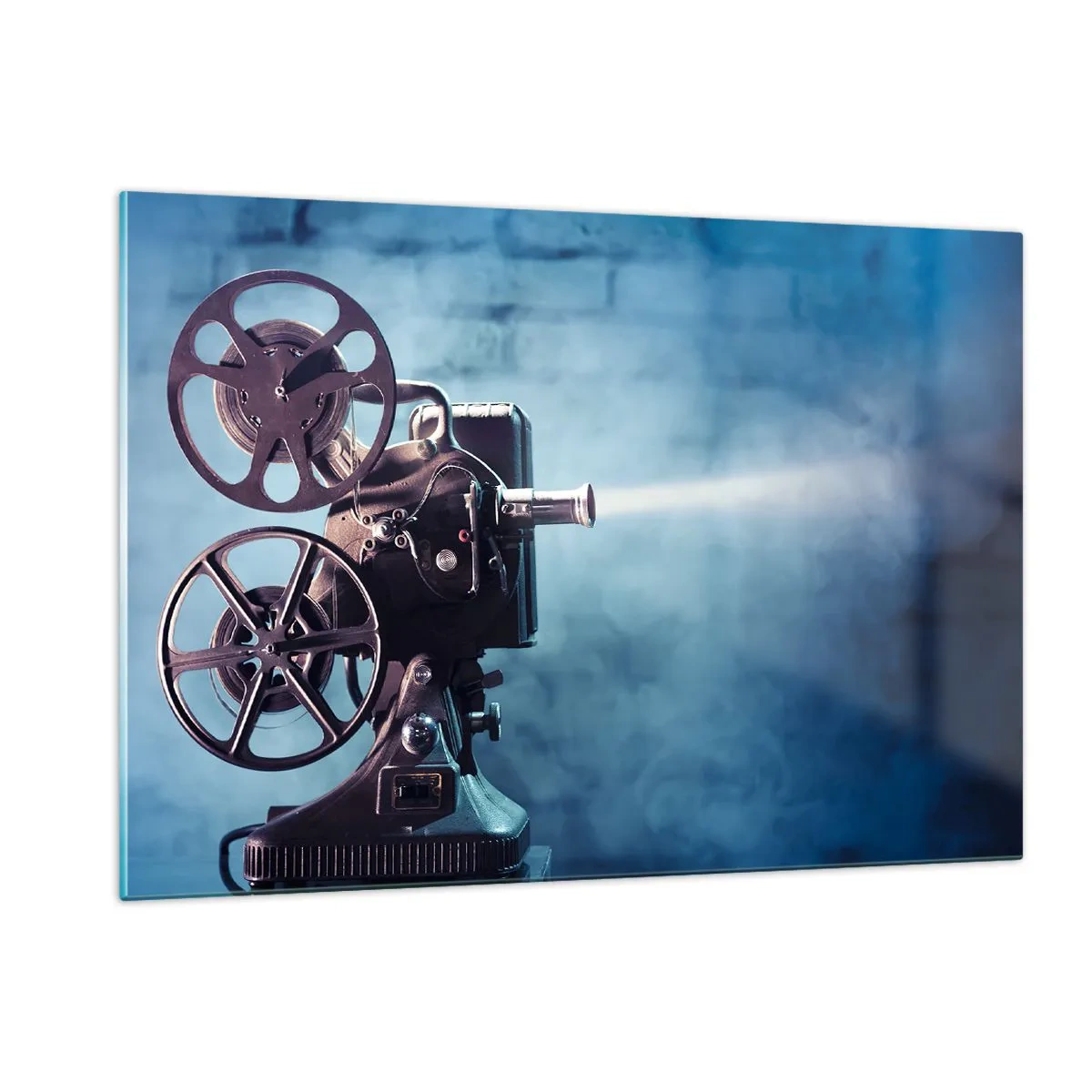 Impression sur verre - Image sur verre - Une caméra de cinéma de style rétro contre un mur bleu - 120x80cm - Dans un vieux cinéma - Décoration murale moderne pour le salon et la chambre ARTTOR