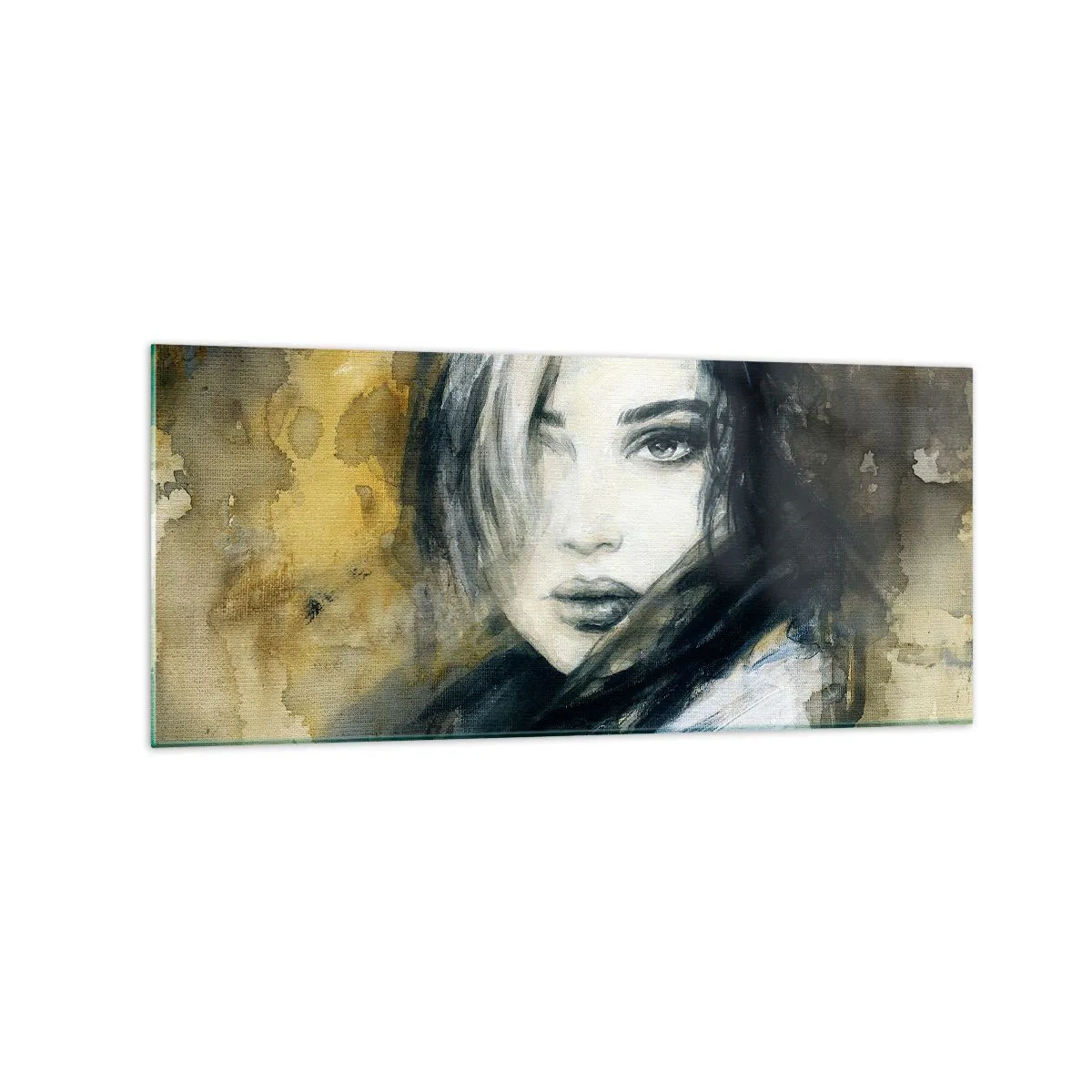 Impression sur verre - Image sur verre - Portrait d'une femme sur fond de taches abstraites dans les tons beiges - 120x50cm - plutôt innocente ou sensuelle ? - Décoration murale moderne pour le salon et la chambre ARTTOR