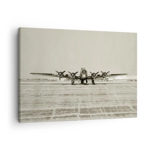 Impression sur toile - Image sur toile - Avion historique à l'aéroport en sépia - 70x50cm - Toujours prêt! - Décoration murale moderne pour le salon et la chambre ARTTOR