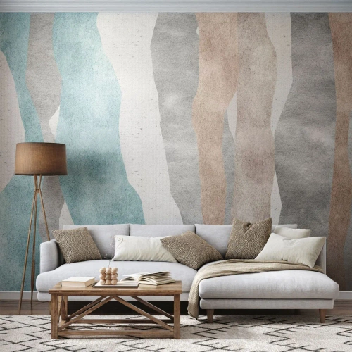 Papier Peint Photo Standard Eco - Rayures ondulées en beige, gris et bleu - 100x70cm - Une étude de proximité - Décoration murale moderne pour le salon et la chambre ARTTOR
