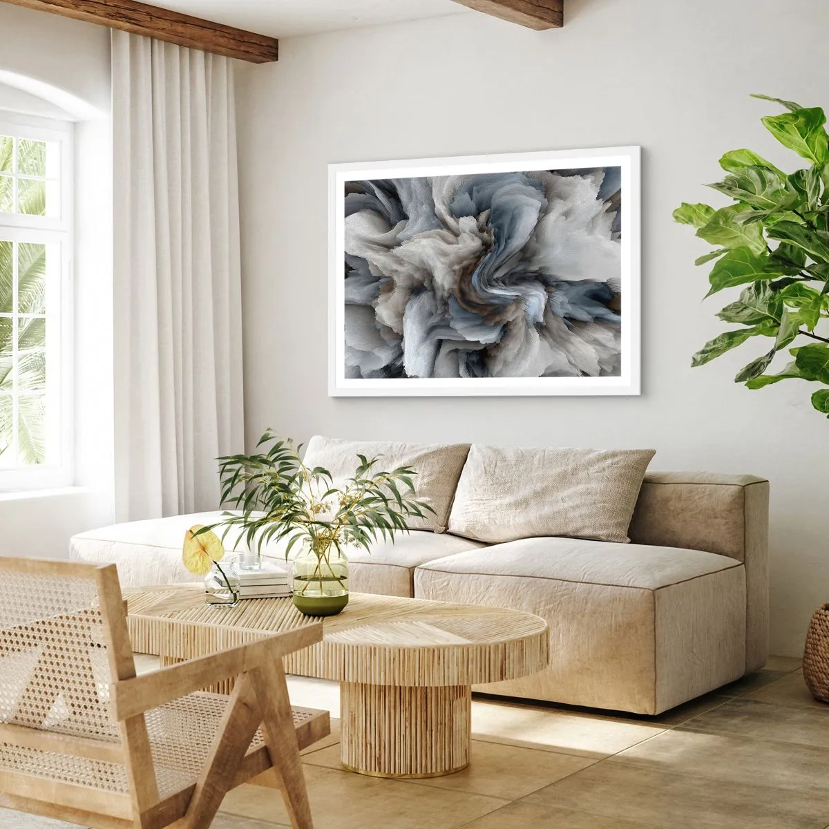 Affiche dans un cadre blanc - Poster - Pierre et fleur - 91x61 cm