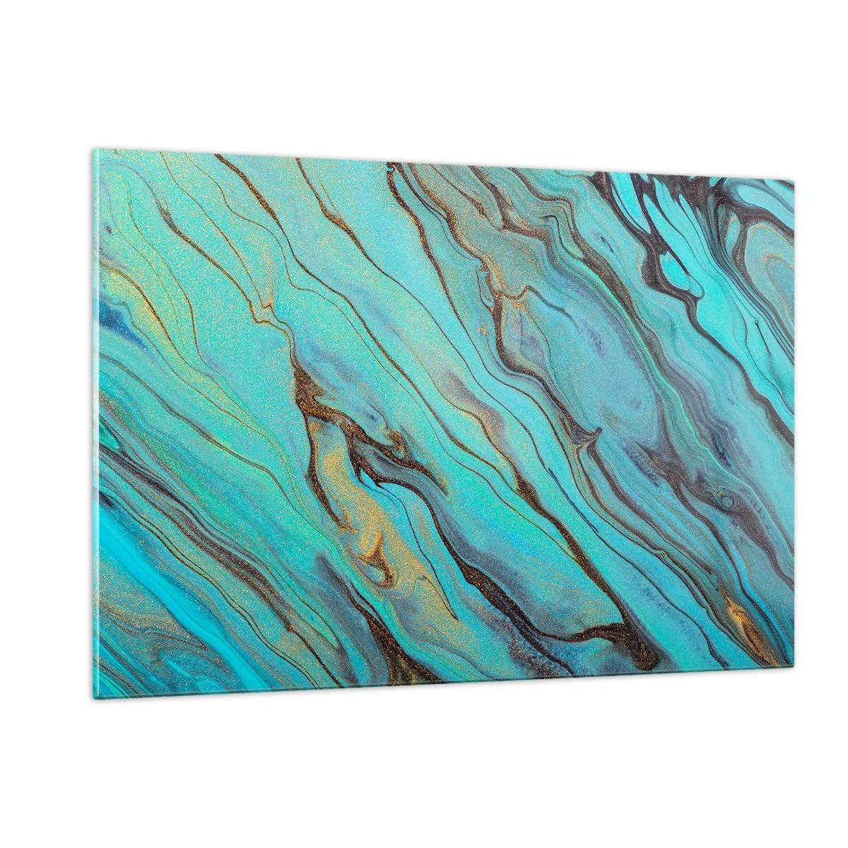 Impression sur verre - Image sur verre - Des stries abstraites en turquoise et or - 120x80cm - Marée turquoise - Décoration murale moderne pour le salon et la chambre ARTTOR