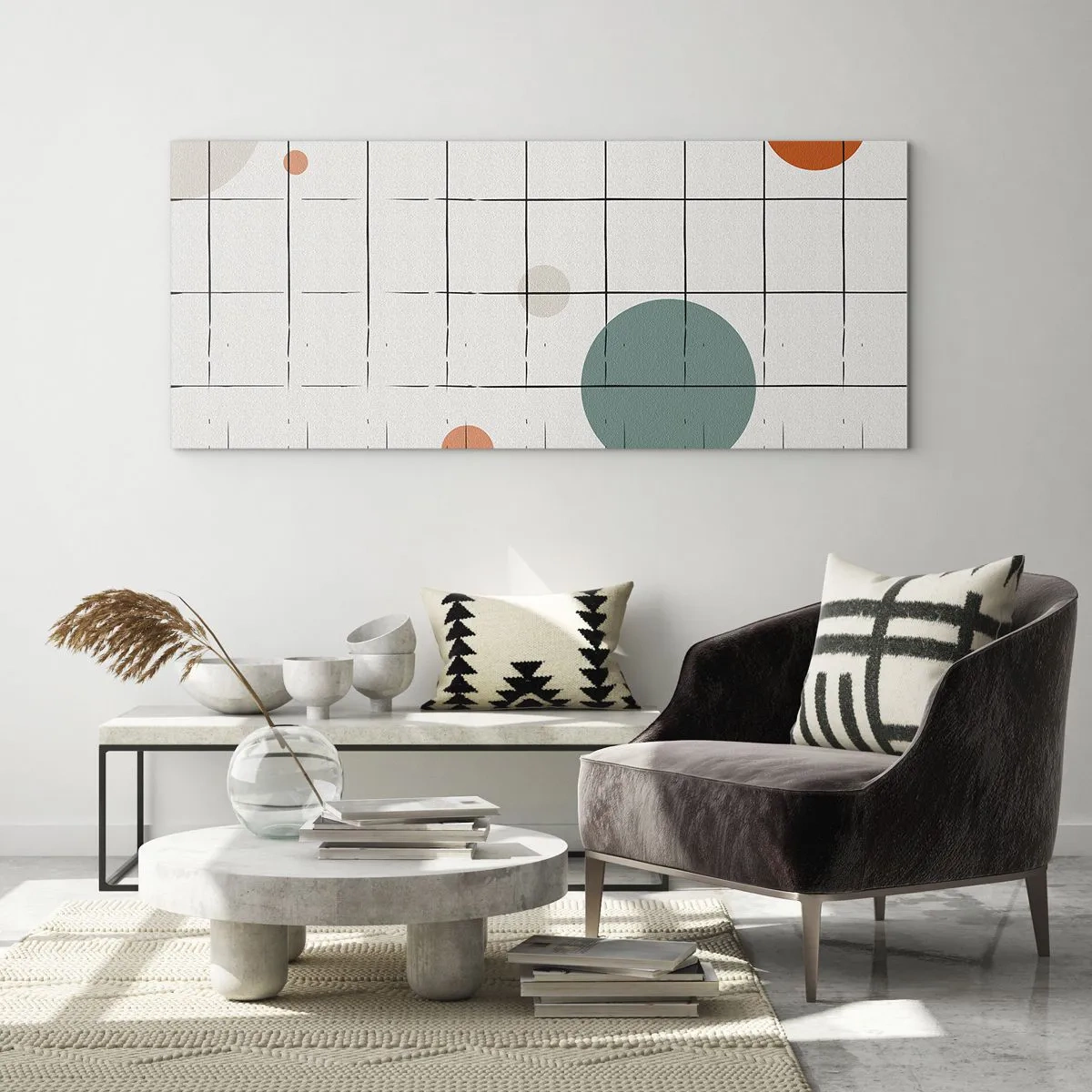 Impression sur verre - Image sur verre - Cercles colorés abstraits sur un fond de grille géométrique - 120x50cm - Piégé. Nous ou eux ? - Décoration murale moderne pour le salon et la chambre ARTTOR