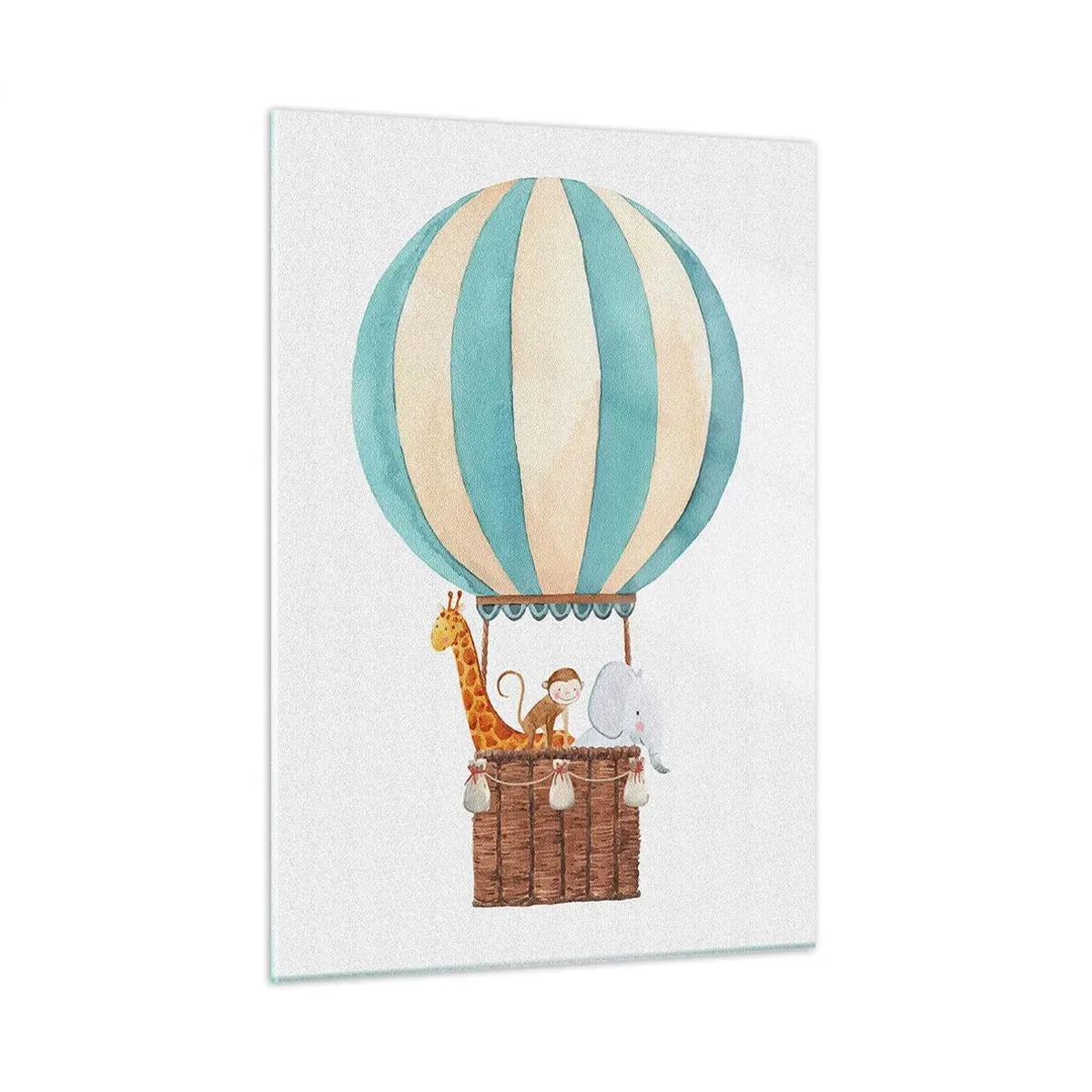 Impression sur verre - Image sur verre - Un ballon avec une girafe, un singe et un éléphant sur fond blanc - 50x70cm - Voyage fantastique - Décoration murale moderne pour le salon et la chambre ARTTOR