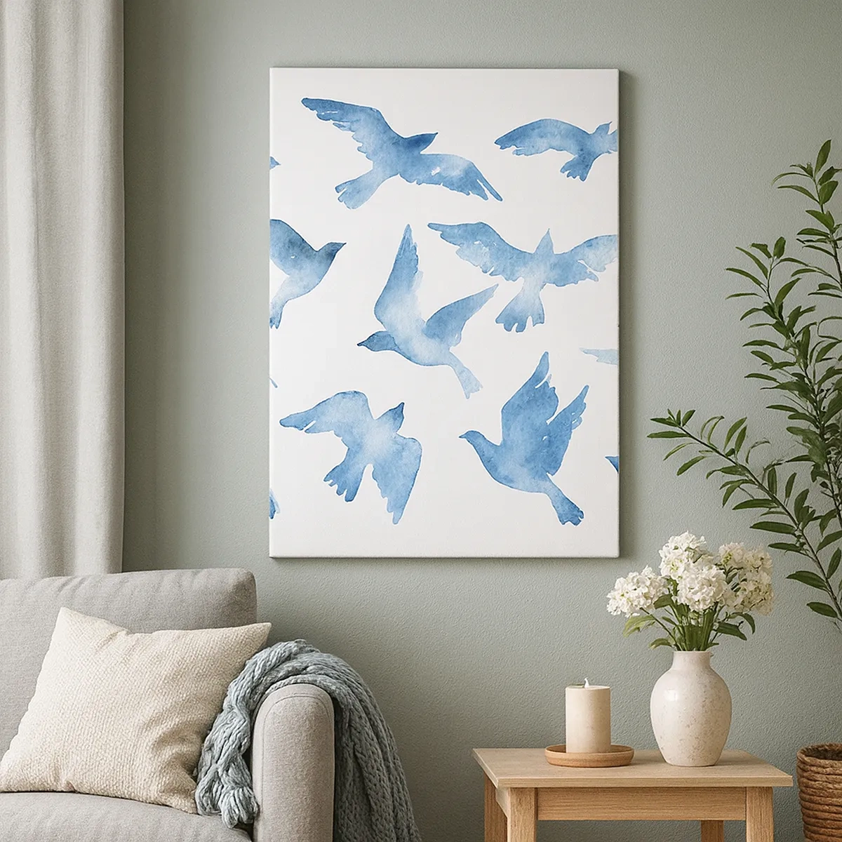 Impression sur toile - Image sur toile - Une aquarelle subtile représentant des oiseaux en vol - 50x70cm - Oiseaux bleus - Décoration murale moderne pour le salon et la chambre ARTTOR