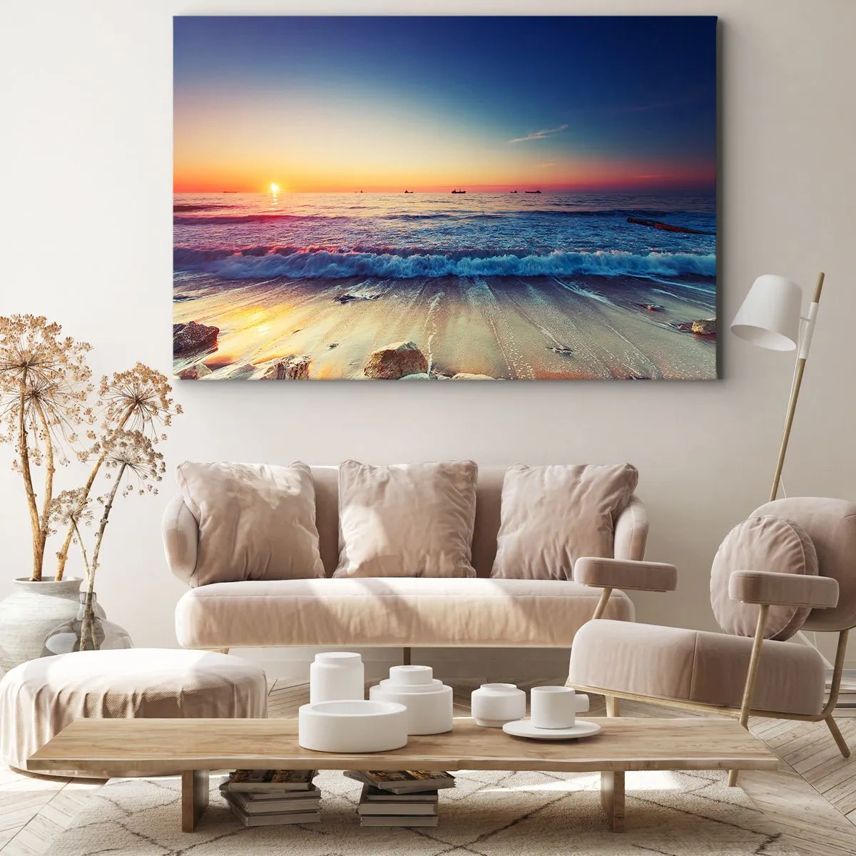 Impression sur toile - Image sur toile - Coucher de soleil sur une mer calme avec des vagues - 120x80cm - Mais quel horizon ? - Décoration murale moderne pour le salon et la chambre ARTTOR