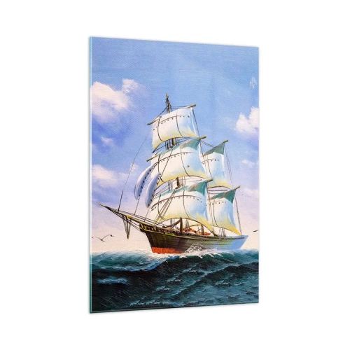 Impression sur verre - Image sur verre - Un voilier en pleine mer sous un ciel bleu - 70x100cm - Fièrement avec le vent - Décoration murale moderne pour le salon et la chambre ARTTOR