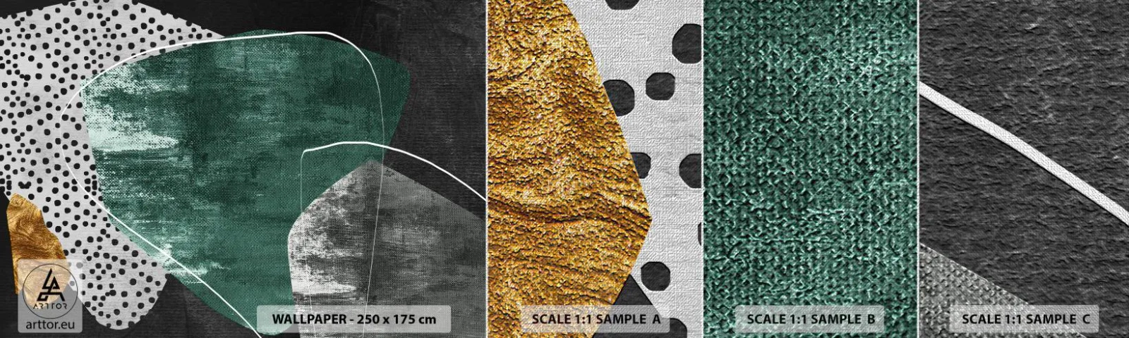 Échantillon de Papier Peint Premium Canvas - Abstraction colorée avec feuille d'or - Abstraction, Texture, Collage - 100x30 cm