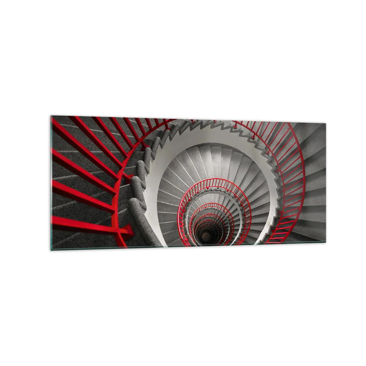 Impression sur verre - Image sur verre - Escalier en colimaçon avec rampes rouges dans une perspective dynamique - 120x50cm - Amusement architectural - Décoration murale moderne pour le salon et la chambre ARTTOR