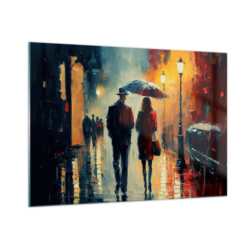 Impression sur verre - Image sur verre - Un couple avec un parapluie marchant dans une rue humide la nuit. - 100x70cm - Histoire d'amour urbaine - Décoration murale moderne pour le salon et la chambre ARTTOR
