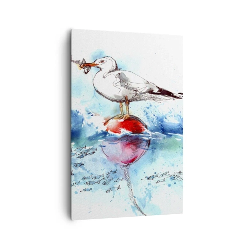 Impression sur toile - Image sur toile - Mouette sur une bouée avec des poissons en arrière-plan dans un style aquarelle - 80x120cm - Prise réussie - Décoration murale moderne pour le salon et la chambre ARTTOR