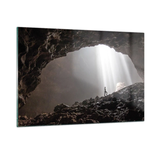 Impression sur verre - Image sur verre - Une figure dans une grotte éclairée par des rayons de lumière, entourée de rochers sombres - 120x80cm - Grotte lumineuse - Décoration murale moderne pour le salon et la chambre ARTTOR