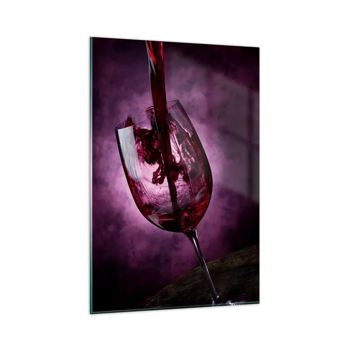Impression sur verre - Image sur verre - Du vin rouge versé dans un verre sur fond de fumée violette - 80x120cm - Écarlate? Carmin? Non, rubis. - Décoration murale moderne pour le salon et la chambre ARTTOR