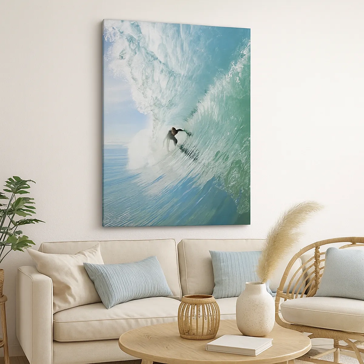 Impression sur toile - Image sur toile - Un surfeur chevauchant une vague au soleil contre un ciel bleu - 50x70cm - Toujours sur la vague - Décoration murale moderne pour le salon et la chambre ARTTOR