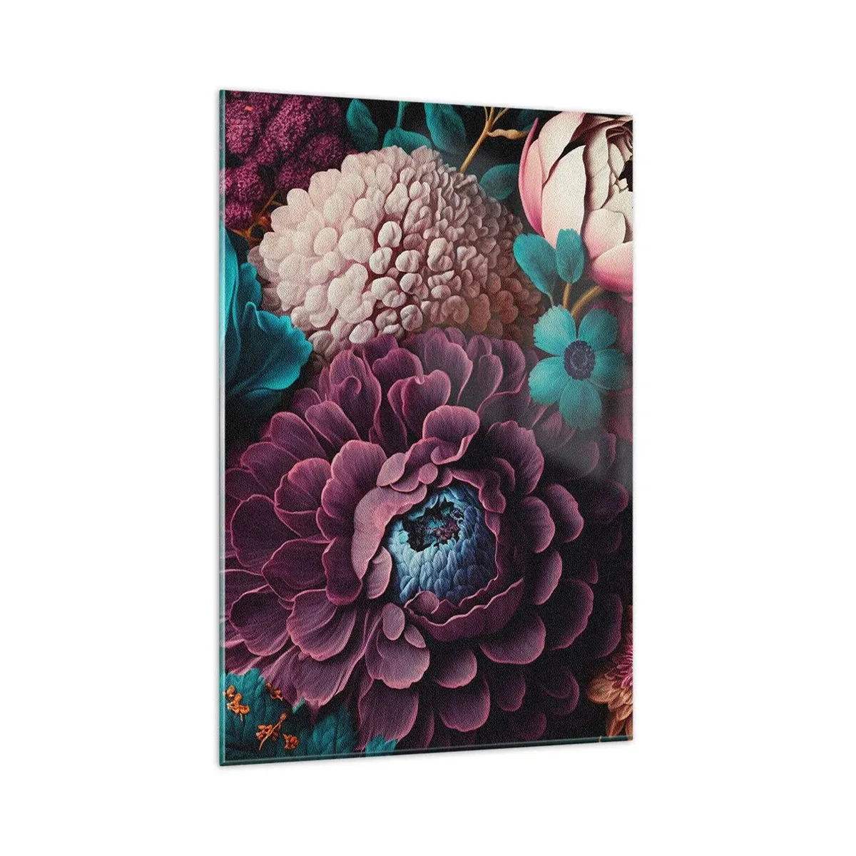 Impression sur verre - Image sur verre - Un bouquet de fleurs aux couleurs intenses sur fond sombre - 80x120cm - La nature en abondance - Décoration murale moderne pour le salon et la chambre ARTTOR