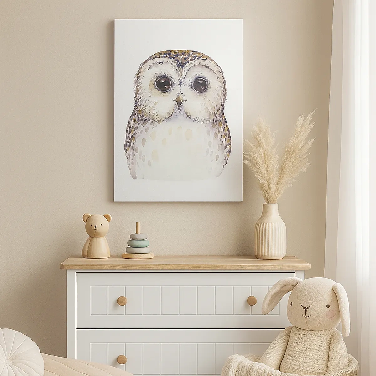 Impression sur toile - Image sur toile - Portrait d'un hibou sur fond clair aux couleurs délicates - 50x70cm - Regarde-moi dans les yeux - Décoration murale moderne pour le salon et la chambre ARTTOR