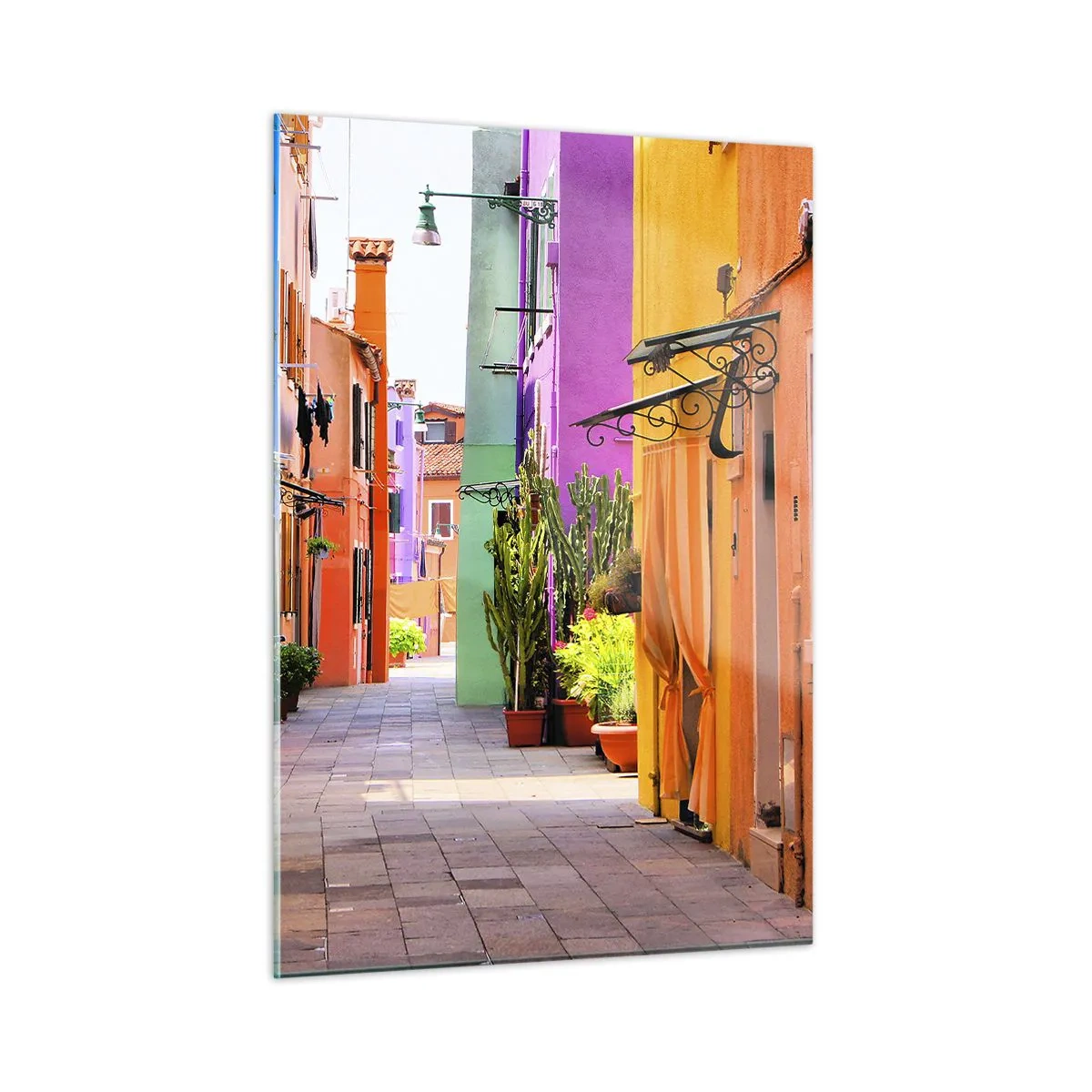 Impression sur verre - Image sur verre - Une rue colorée avec des immeubles aux tons chauds - 50x70cm - Allée arc-en-ciel - Décoration murale moderne pour le salon et la chambre ARTTOR