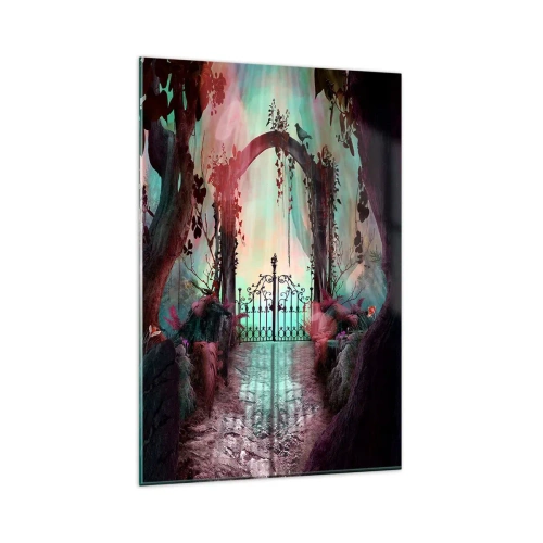 Impression sur verre - Image sur verre - Une entrée magique avec un portail en fer forgé entouré d'une végétation mystérieuse - 80x120cm - Jardin secret - Décoration murale moderne pour le salon et la chambre ARTTOR