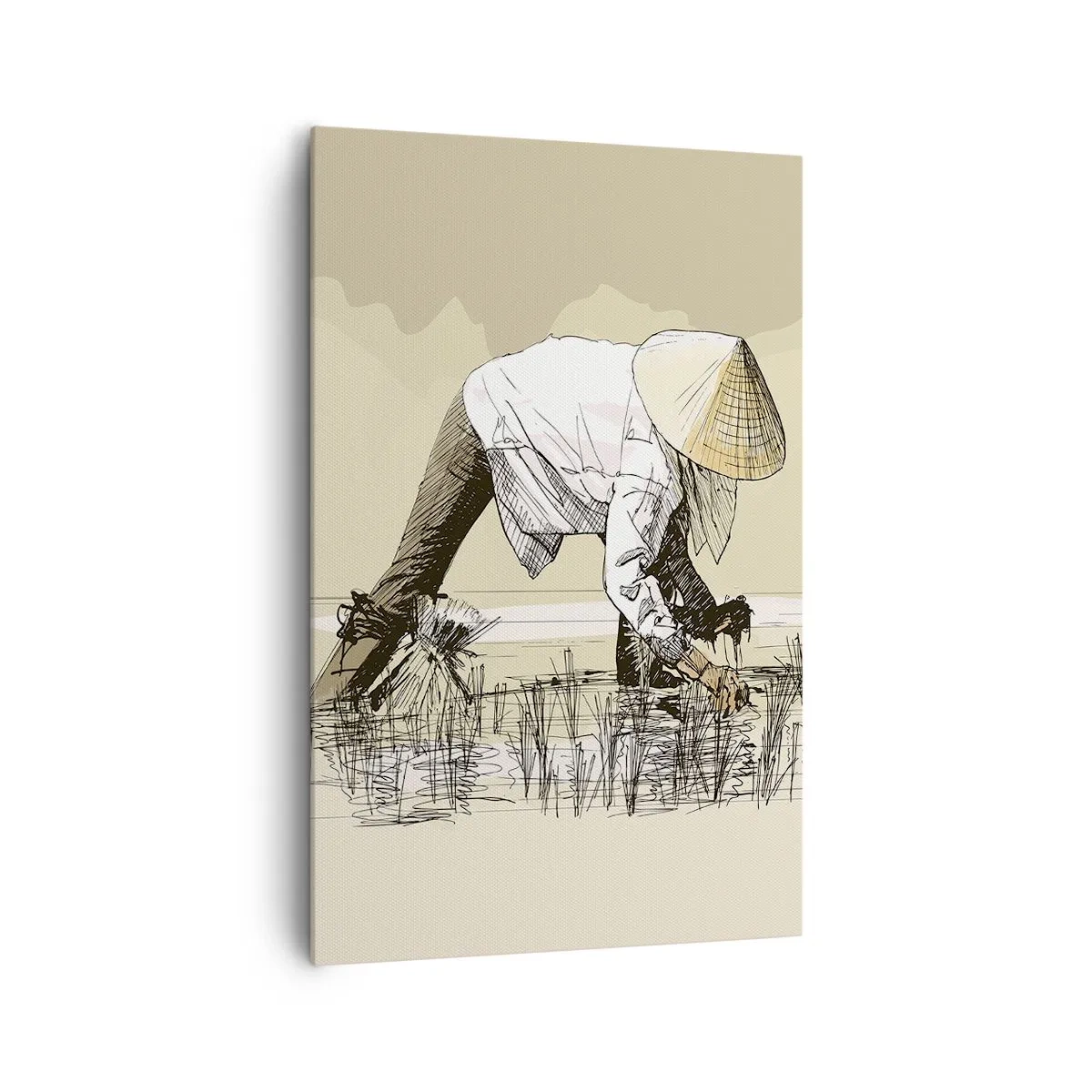 Impression sur toile - Image sur toile - Des agriculteurs travaillant dans une rizière portant des coiffures traditionnelles - 80x120cm - Récolte réussie - Décoration murale moderne pour le salon et la chambre ARTTOR