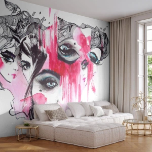 Papier Peint Photo Premium Sand - Un visage de femme dans une composition expressive à l'aquarelle et au croquis - 100x70cm - Yeux abstraits - Décoration murale moderne pour le salon et la chambre ARTTOR
