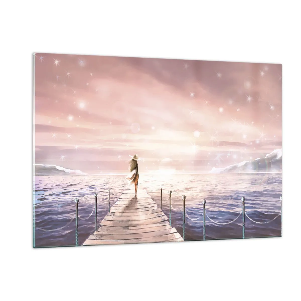 Impression sur verre - Image sur verre - Femme sur la jetée au coucher du soleil - 120x80cm - A la lumière d'un rêve - Décoration murale moderne pour le salon et la chambre ARTTOR