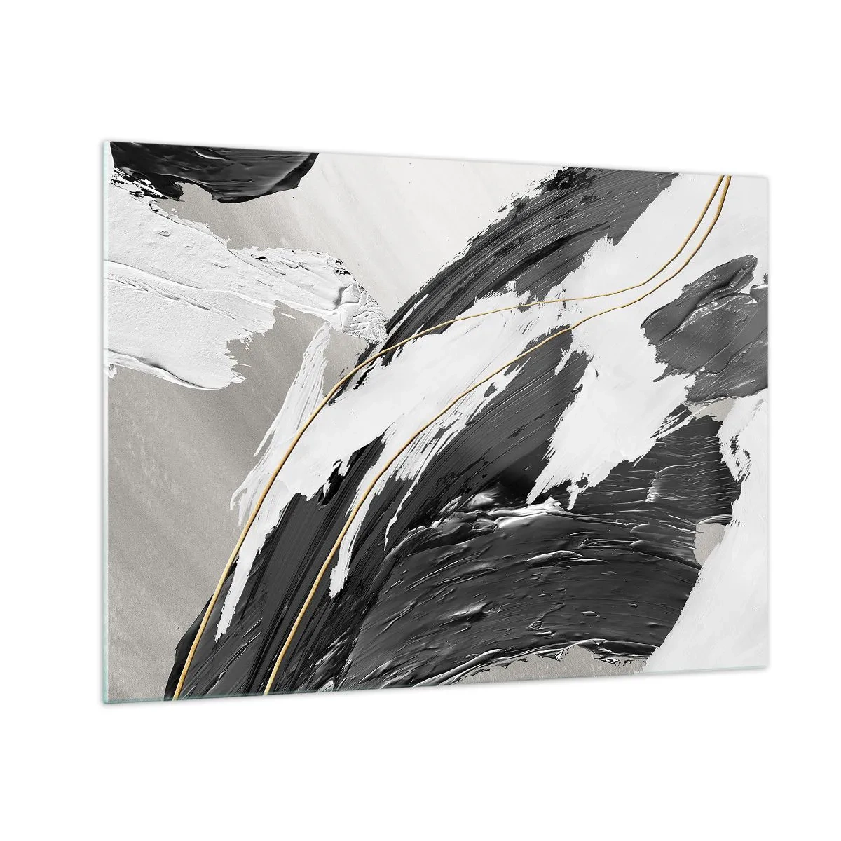 Impression sur verre - Image sur verre - Traits dynamiques en noir et blanc avec une touche dorée - 70x50cm - L'abstraction à grande échelle - Décoration murale moderne pour le salon et la chambre ARTTOR