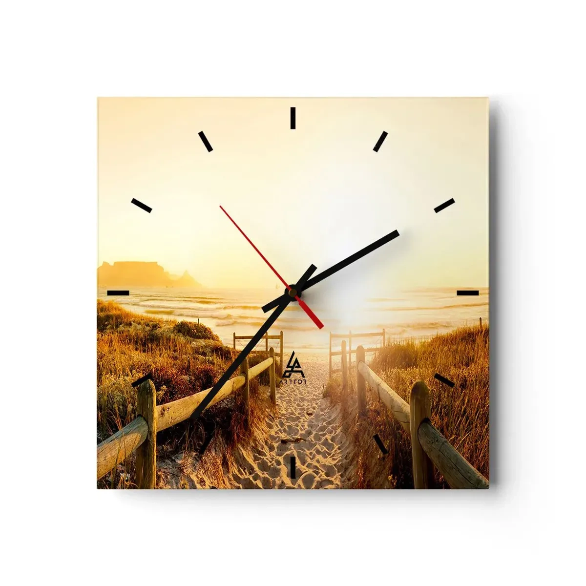 Horloge murale - Pendule murale - Chemin vers la plage pendant un coucher de soleil doré - 30x30cm - A travers la dune, vers le soleil - Décoration murale moderne pour le salon et la chambre ARTTOR