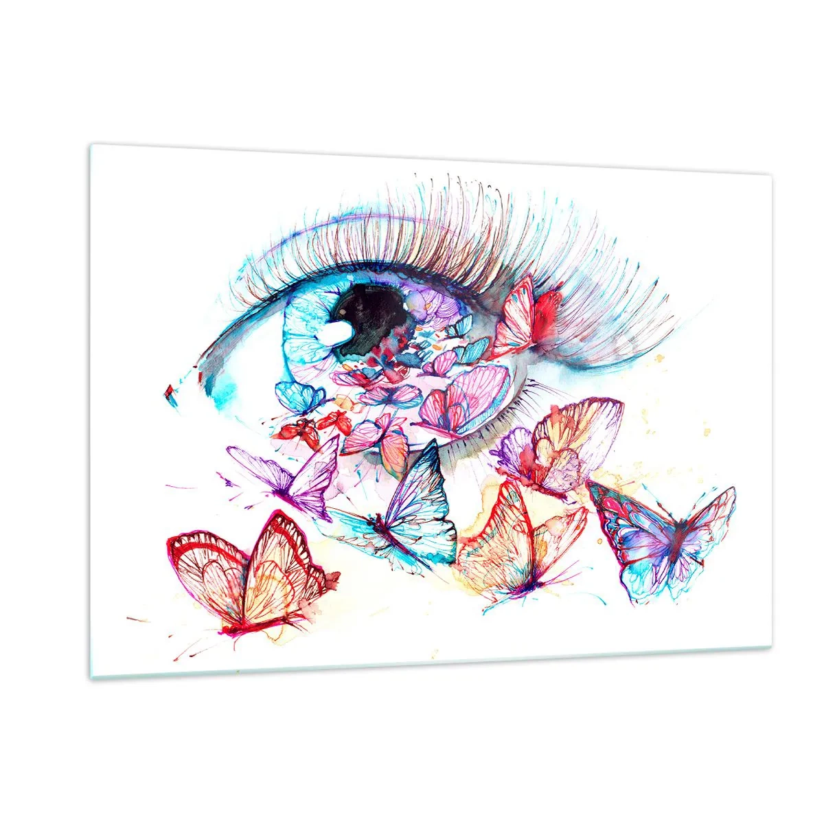 Impression sur verre - Image sur verre - L'œil d'une femme entouré de papillons colorés à l'aquarelle - 120x80cm - Charme des yeux de conte de fées - Décoration murale moderne pour le salon et la chambre ARTTOR