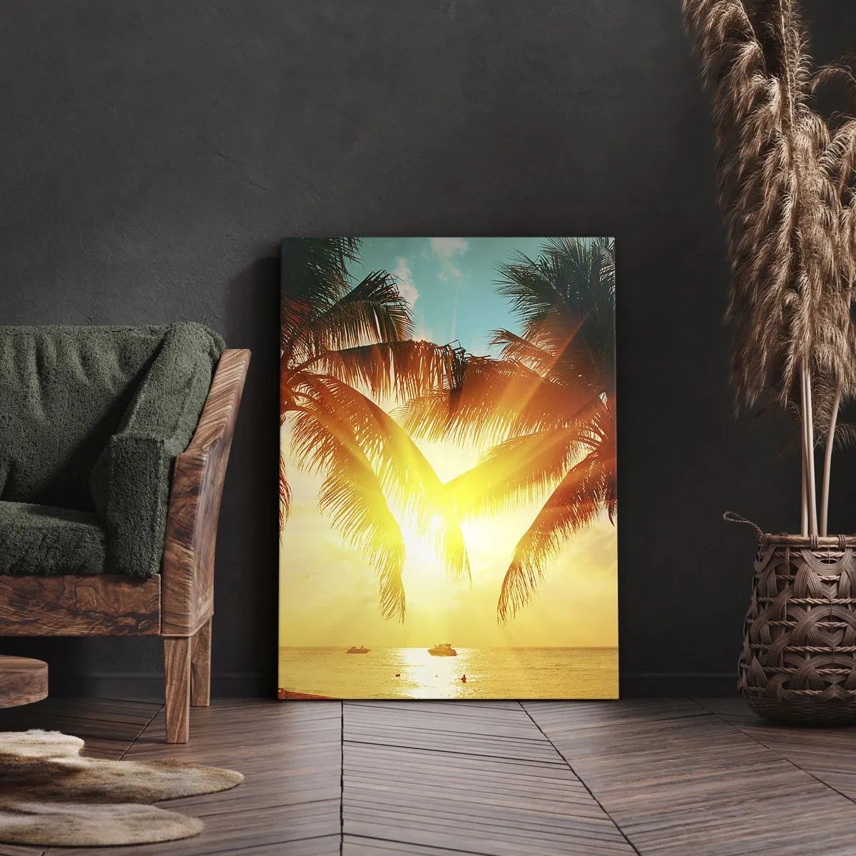 Impression sur toile - Image sur toile - Palmiers illuminés par la chaude lumière du soleil couchant - 50x70cm - Couple exotique - Décoration murale moderne pour le salon et la chambre ARTTOR